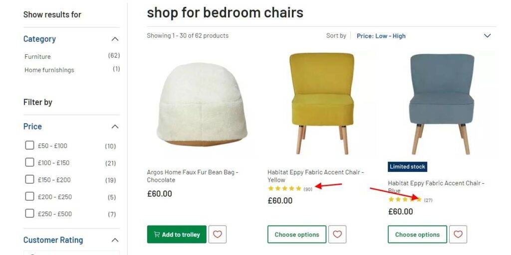 Argos website showing reviews - Midas Creative