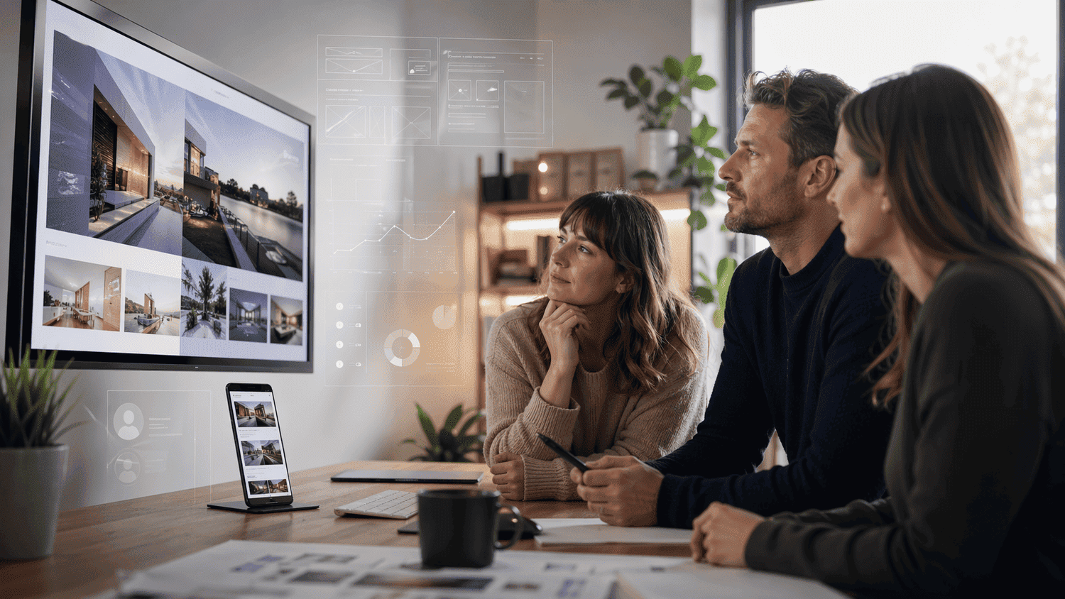 Small Business Website Design (2) Three small business professionals reviewing a premium website design on a large screen in a modern workspace, with mobile mockup, subtle UX wireframes, analytics overlays and digital growth visuals. Small Business Website Design