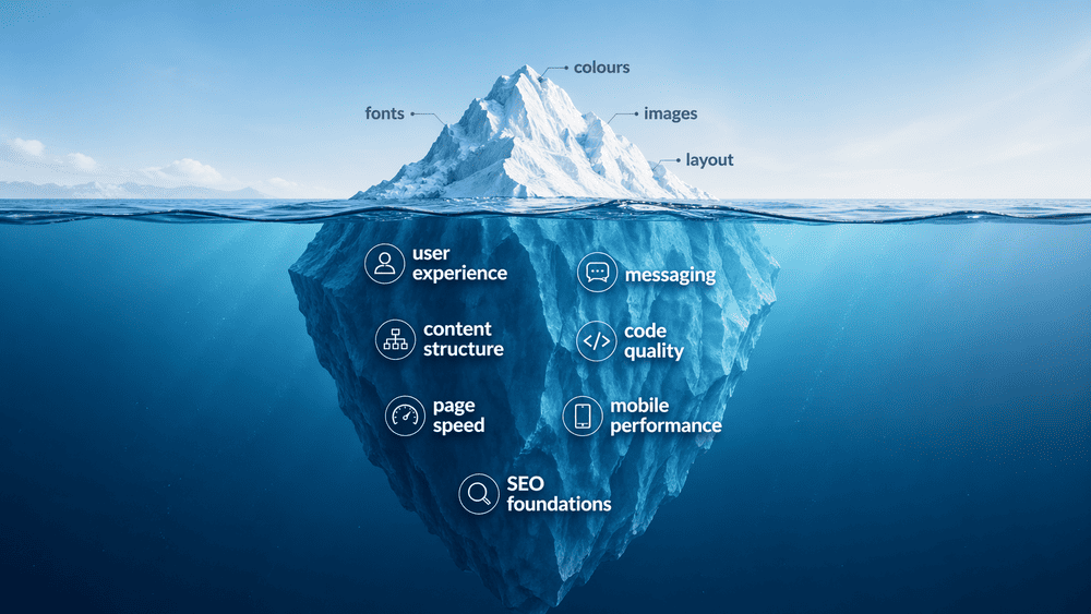 Illustration of the iceberg analogy in small business website design, showing visual design above the surface and hidden elements below including user experience, messaging, page speed, mobile performance, code quality and SEO foundations
