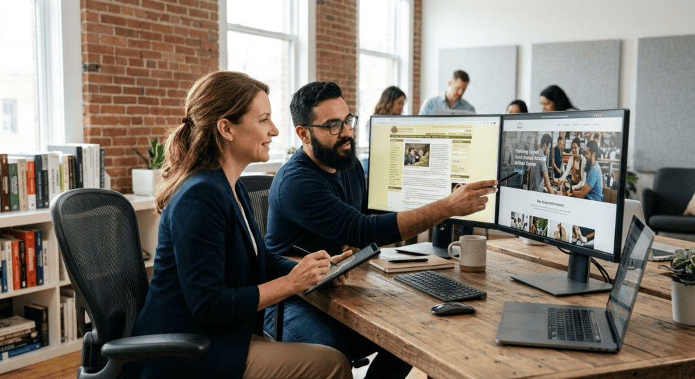Website Redesign Business owner and web designer reviewing a website redesign, comparing an outdated website with a modern, high-performing small business website