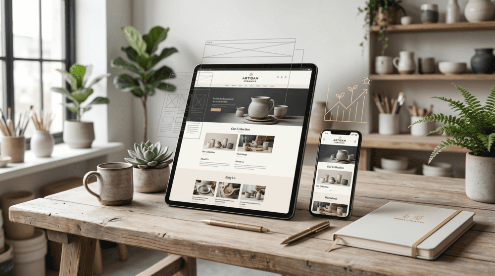 Affordable Small Business Website Design Affordable small business website design concept showing a stylish small business setting blended with modern website layout elements and digital growth visuals